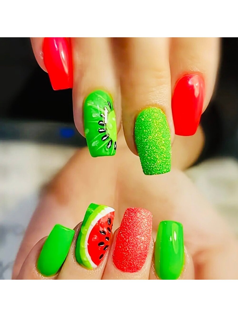 New - 24pc - Vibrant - Watermelon Design Reusable Press-On-Nails